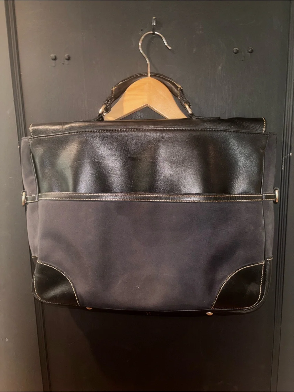 Kenneth Cole New York Black Leather Canvas Messenger Briefcase Bag Laptop
